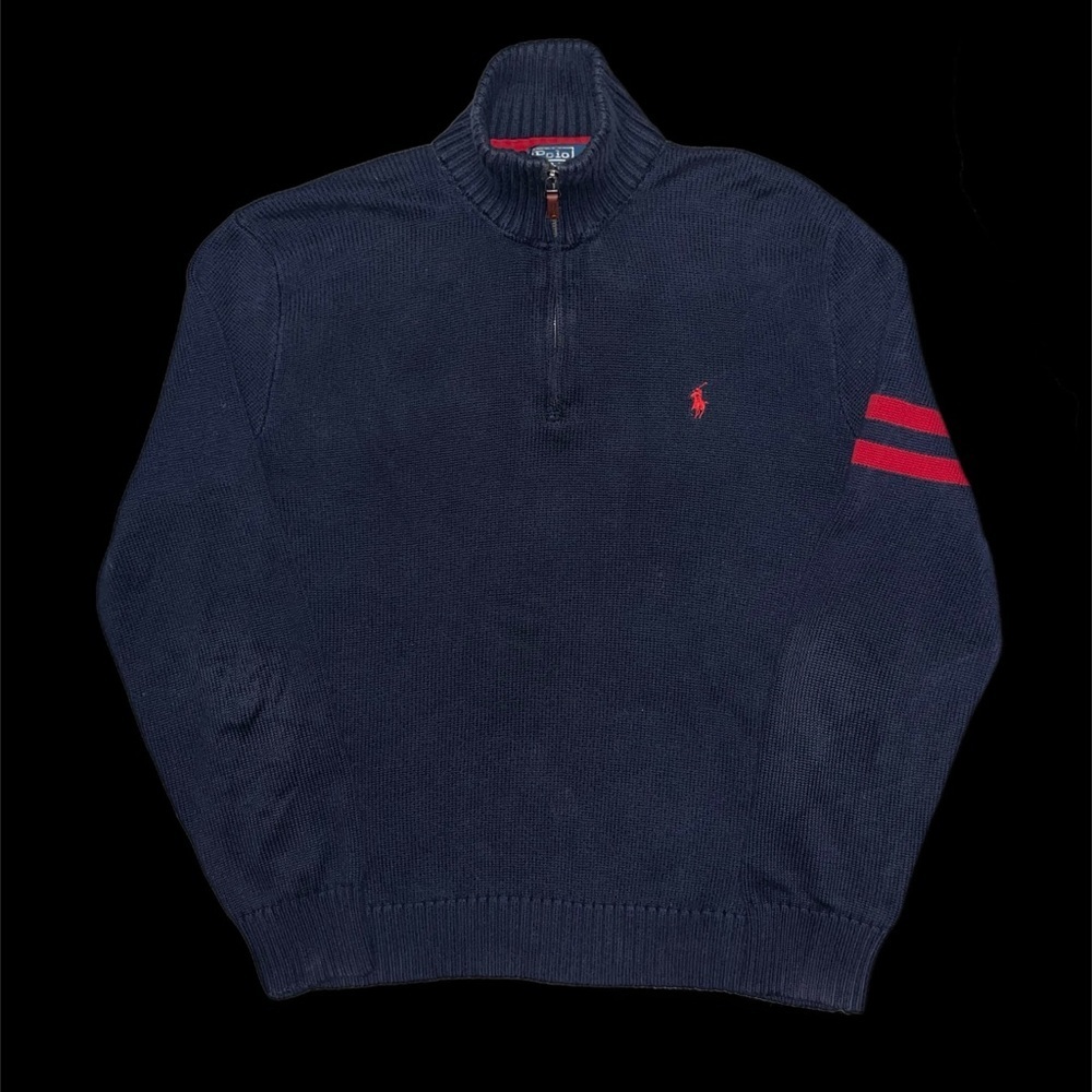 Polo by Ralph Lauren Navy Half-Zip Sweater with Red Pony & Arm Stripes